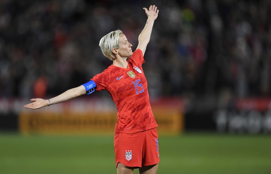 FILE PHOTO: Apr 4, 2019; Commerce City, CO, USA; United States forward Megan Rapinoe (15) reacts following her goal in the second half during an International Friendly Women&#039;s Soccer match agains ...
