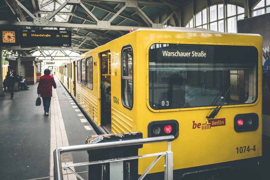 Berlin, Germany - may 03, 2017: Berlin subway train at train station (Warschauer Str) in Berlin, Germany