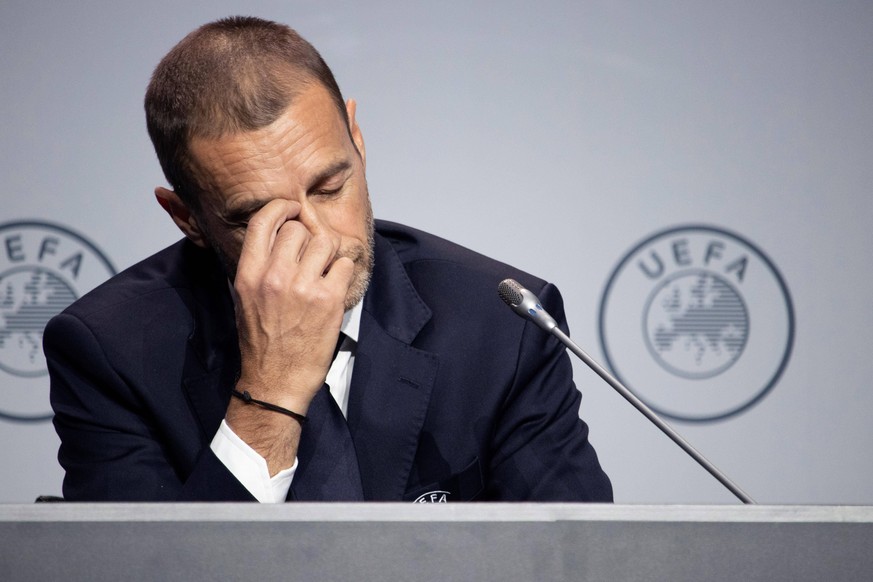 Sport Bilder des Tages UEFA president Aleksander Ceferin reacts as a journalist asks on coranovirus and the possible cancellation of Eurocup 2020 during a press conference, PK, Pressekonferenz followi ...