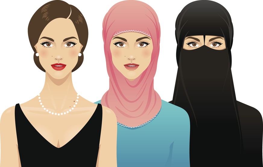 Three young women, one wearing a hijab and one wearing a nikab, standing shoulder to shoulder, isolated on a white background. Women&#039;s rights concept.