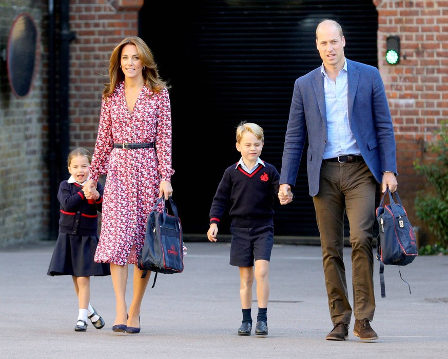 05 September 2019 - Princess Charlotte of Cambridge, Kate Duchess of Cambridge Catherine Katherine Middleton, Prince George of Cambridge, Prince William Duke of Cambridge, arriving for her first day o ...