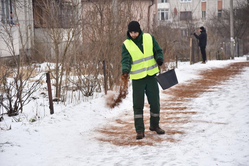 February 1, 2021, Lviv, Ukraine: Holding a bucket of coffee grounds, a municipal employee walks while scattering coffee grounds on a park path in Lviv..Lviv municipal services have started to use coff ...