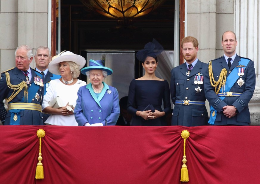 100th Anniversary of the Royal Air Force London, UK. Prince Charles, Prince Andrew, Camilla Duchess of Cornwall, Queen Elizabeth II, Prince Harry and Meghan Markle ( The Duke and Duchess of Sussex ) w ...