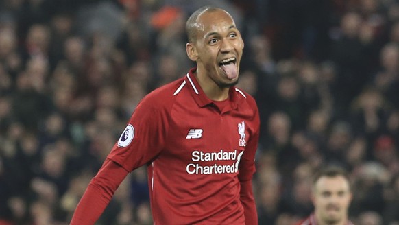 Liverpool&#039;s Fabinho celebrates after scoring his side&#039;s fourth goal during the English Premier League soccer match between Liverpool and Newcastle at Anfield Stadium, Liverpool, England, Wed ...