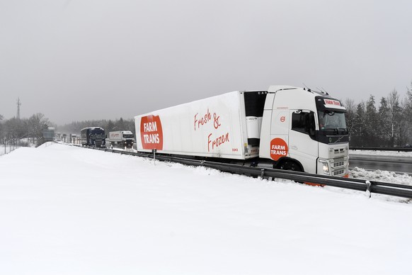 07.01.2019, Bayern, Holzkirchen: Im Schnee feststeckende LKWs stehen an der Autobahn A8. Foto: Tobias Hase/dpa +++ dpa-Bildfunk +++