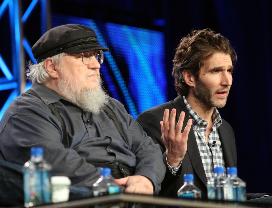 PASADENA, CA - JANUARY 07: Writer George R.R. Martin and writer/executive producer David Benioff speak during the &#039;Game of Thrones&#039; panel at the HBO portion of the 2011 Winter TCA press tour ...