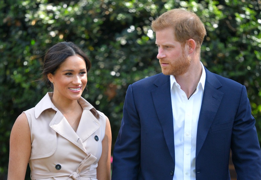 FILE - In this Oct. 2, 2019, file photo, Britain&#039;s Harry and Meghan, Duchess of Sussex arrive at the Creative Industries and Business Reception at the British High Commissioner&#039;s residence i ...