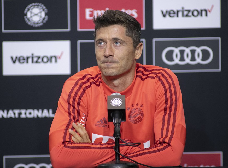July 16, 2019 - Carson, California, United States of America - Robert Lewandowski 9 of Bayern Munich FC during a press conference, PK, Pressekonferenz prior to their practice on Tuesday July 16, 2019  ...