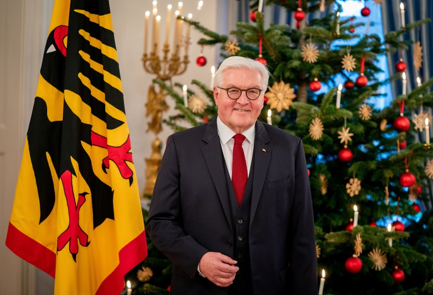 German President Frank-Walter Steinmeier stands in front of a Christmas tree at Bellevue Palace during a photo session for his Christmas address in Berlin, Germany December 20, 2019. Picture taken Dec ...