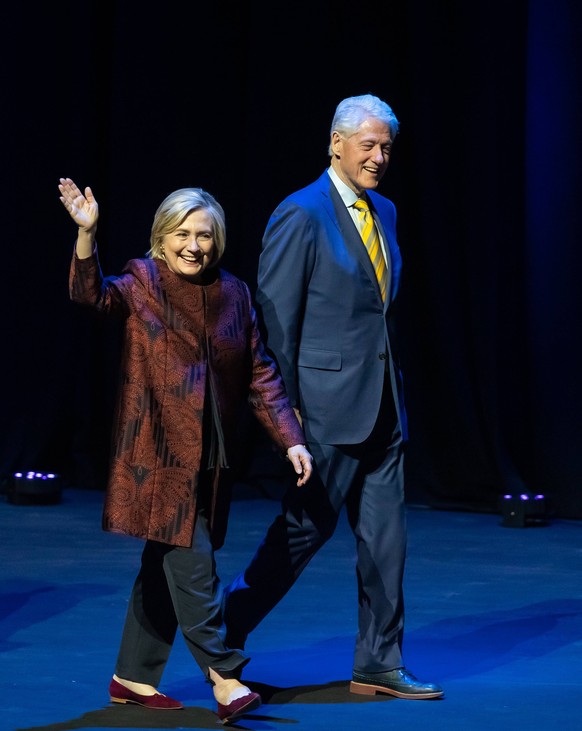 LAS VEGAS, NV - May 5, 2019: Former President of the United States Bill Clinton and his wife former first lady and Secretary of State Hillary Rodham Clinton speak to a crowd at Park Theater at Park La ...