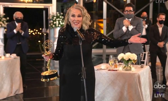 In this video grab captured on Sept. 20, 2020, courtesy of the Academy of Television Arts &amp; Sciences and ABC Entertainment, Catherine O&#039;Hara accepts the award for outstanding lead actress in  ...