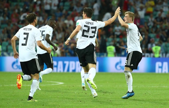 Soccer Football - World Cup - Group F - Germany vs Sweden - Fisht Stadium, Sochi, Russia - June 23, 2018 Germany&#039;s Marco Reus celebrates scoring their first goal with Mario Gomez and Jonas Hector ...