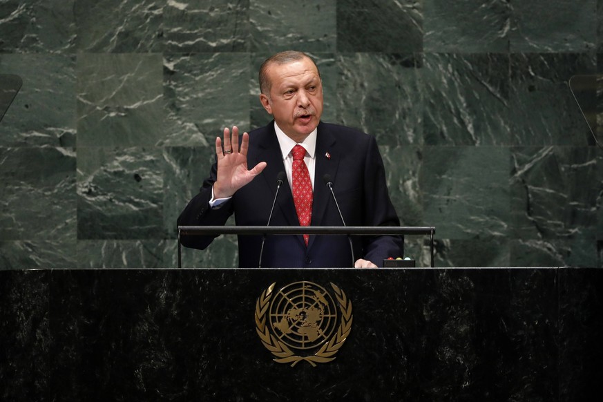 (180925) -- UNITED NATIONS, Sept. 25, 2018 -- Turkish President Recep Tayyip Erdogan addresses the General Debate of the 73rd session of the United Nations General Assembly at the UN Headquarters in N ...