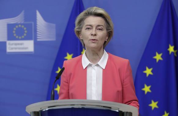 European Commission President Ursula von der Leyen delivers a statement at the EU headquarters in Brussels, Sunday, Dec. 13, 2020. Britain and the European Union say talks will continue on a free trad ...