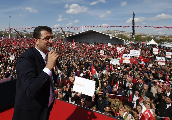 Ekrem Imamoglu, 48, the new mayor of Istanbul, addresses his supporters during a rally in Istanbul, Sunday, April 21, 2019. Turkish authorities on Wednesday confirmed Imamoglu from Turkey&#039;s main  ...