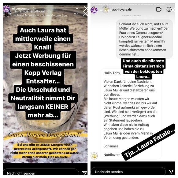 Oliver Pocher teilt in seiner Instagram-Story den Beitrag von Laura Müller und veröffentlicht ein Statement von der Entsaftungsfirma.