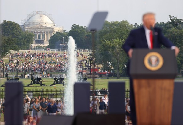 WASHINGTON, DC - JULY 04: President Donald Trump speaks during an event on the South Lawn of the White House on July 04, 2020 in Washington, DC. President Trump is hosting a &quot;Salute to America&qu ...