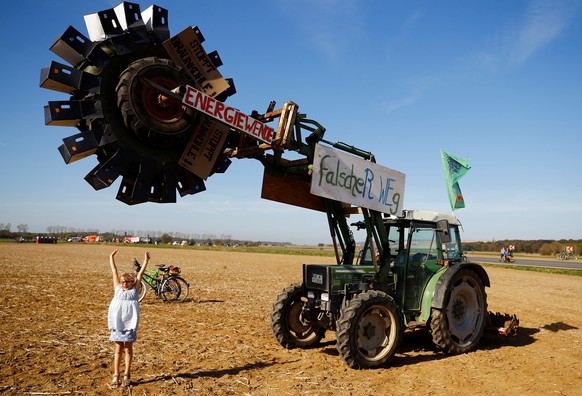 A girl stands next to the self-made excavator during the protest for the preservation of the ancient forest &quot;Hambacher Forst&quot; where German utility and power supplier RWE says it would lose a ...