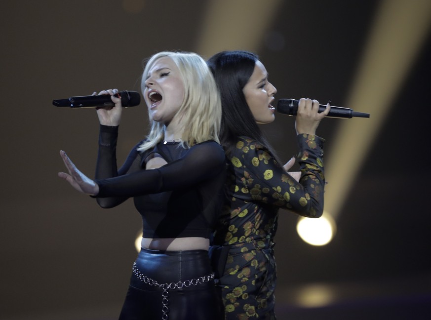 Sisters of Germany perform during the 2019 Eurovision Song Contest second semi-final rehearsal in Tel Aviv, Israel, Tuesday, May 14, 2019. (AP Photo/Sebastian Scheiner)