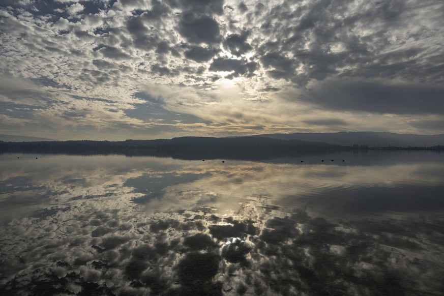 Gray clouds reflecting in Lake Constance at dusk ELF02319