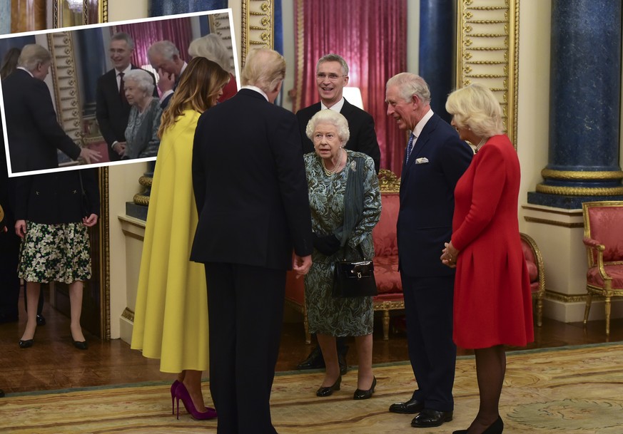PAP11192292 3 December 2019. The Queen, accompanied by other Members of the Royal Family, hosts a reception for NATO leaders, spouses or partners, and delegations, at Buckingham Palace, London, UK, on ...