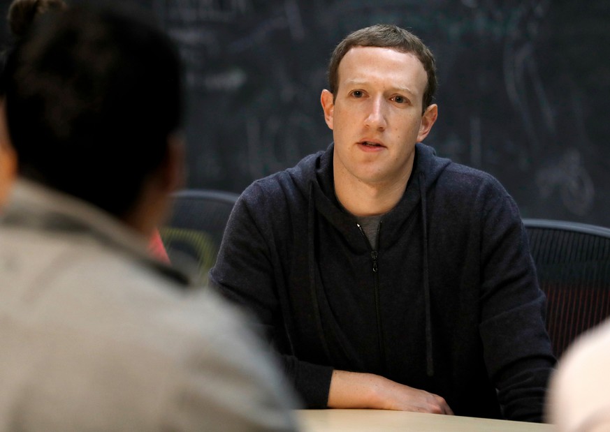 FILE - In this Nov. 9, 2017, file photo, Facebook CEO Mark Zuckerberg meets with a group of entrepreneurs and innovators during a round-table discussion in St. Louis. As Zuckerberg prepares to testify ...