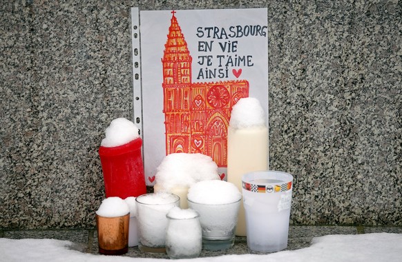 A drawing representing Strasbourg&#039;s cathedral is seen at an improvised memorial in tribute to the victims of December 11 attack, during a ceremony in Strasbourg, France, December 16, 2018. The se ...