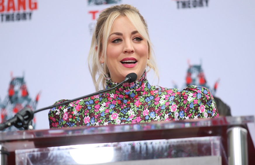 Actor Kaley Cuoco participates in the cement handprints ceremony for the cast of the television comedy &quot;The Big Bang Theory&quot; at the TCL Chinese Theatre IMAX in Hollywood, Los Angeles, Califo ...