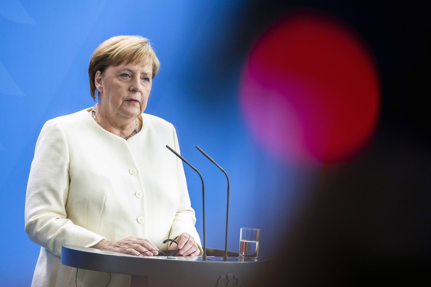 Bundeskanzlerin Angela Merkel bei einer Pressekonferenz im Kanzleramt in Berlin am 11. Juli 2019. Kanzlerin Merkel trifft Daenische Premierministerin in Berlin *** Chancellor Angela Merkel at a press  ...