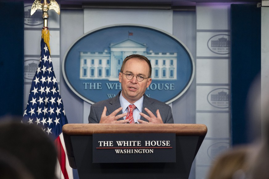 October 17, 2019, Washington, District of Columbia, USA: White House acting Chief of Staff MICK MULVANEY speaks with reporters Thursday, in the James S. Brady Press Briefing Room at the White House. M ...