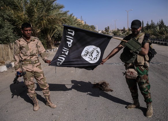 PALMYRIA, SYRIA. MARCH 26, 2016. Soldiers of Suqur al-Sahara (the Desert Falcons), branch of the Syrian Arab Army allied with the Syrian Government, show a seized flag of the so called Islamic State i ...