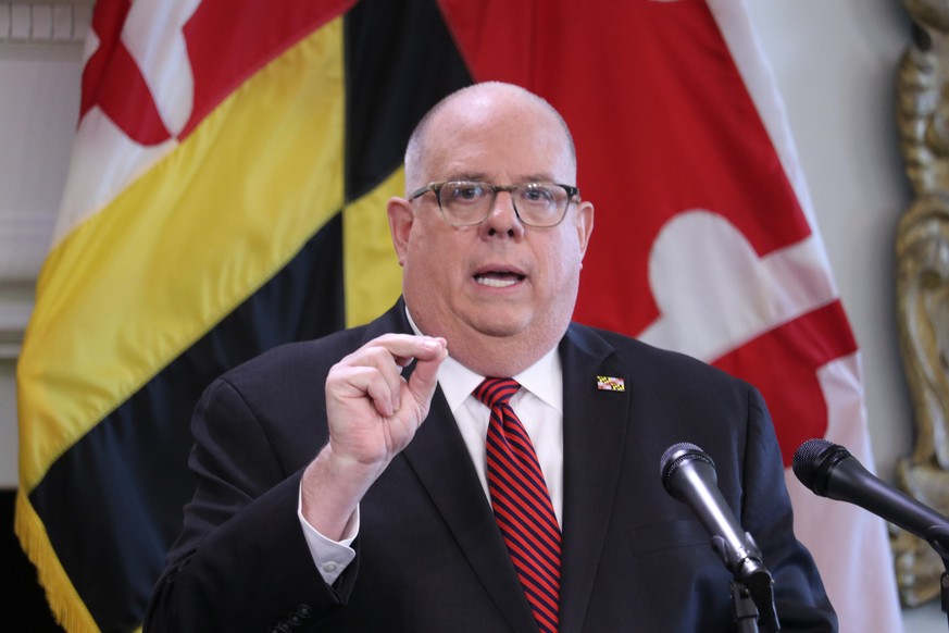 FILE - In this June 3, 2020 file photo Maryland Gov. Larry Hogan speaks during a news conference in Annapolis, Md. A federal appeals court has upheld Maryland’s ban on bump stocks and other devices th ...
