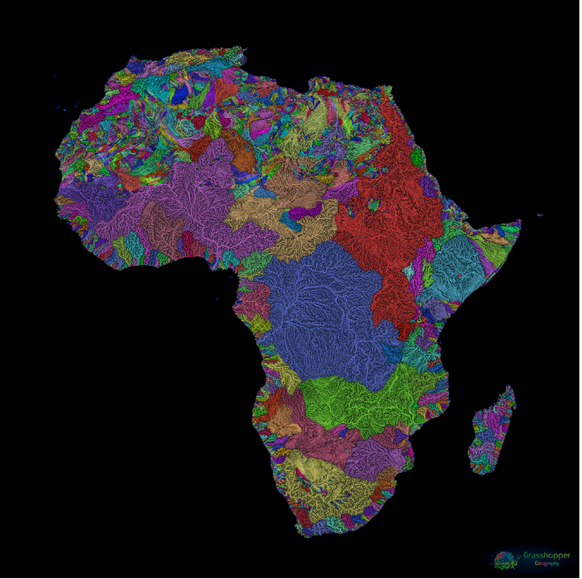 In Afrika befinden sich die Flüsse mit den zweit- und drittgrößten Einzugsgebieten der Welt: der Kongo (blau) mit einem Becken von 1,73 Millionen Quadratkilometern und der Nil (rot) mit Beckenbereich  ...