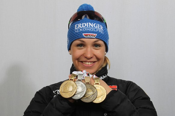 Gewohntes Bild:&nbsp;Magdalena Neuner hat mal wieder Medaillen gesammelt – wie hier bei der WM 2012.&nbsp;