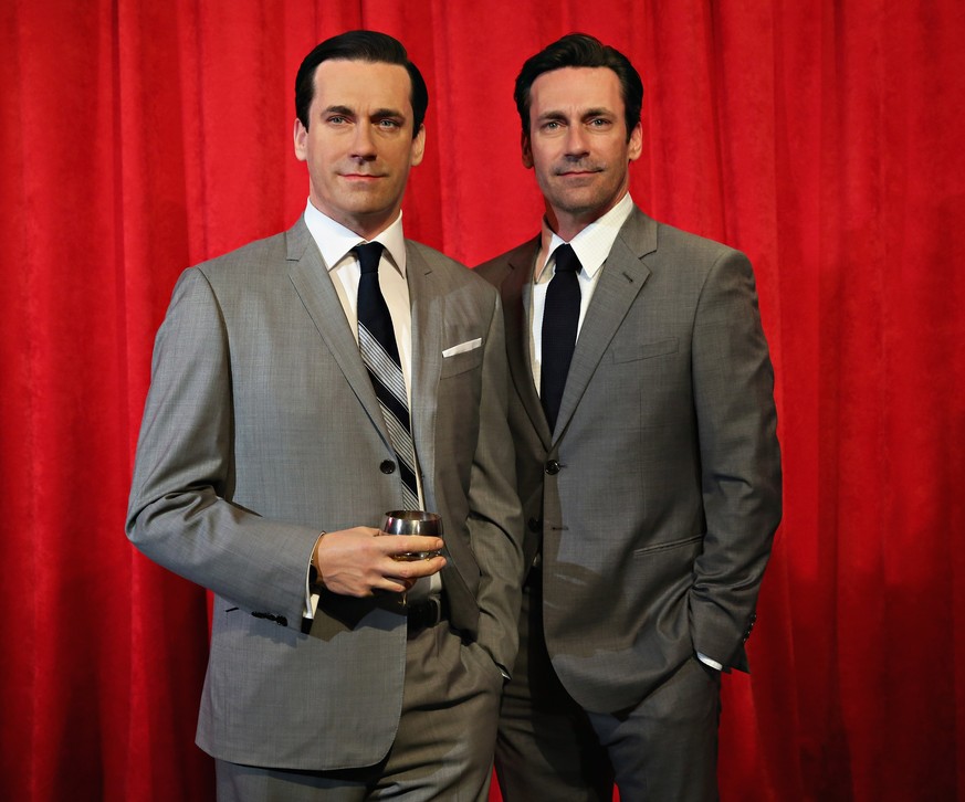 NEW YORK, NY - MAY 09: Madame Tussauds New York and actor Jon Hamm (R) unveil Don Draper&#039;s wax figure during Mad Men&#039;s Final Season at Madame Tussauds New York on May 9, 2014 in New York Cit ...