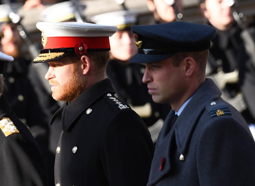 Armistice Day 2019 The Duke of Sussex and The Duke of Cambridge attending the National Service of Remembrance at the Cenotaph, Whitehall, London. Photo credit should read: Doug Peters/EMPICS PUBLICATI ...