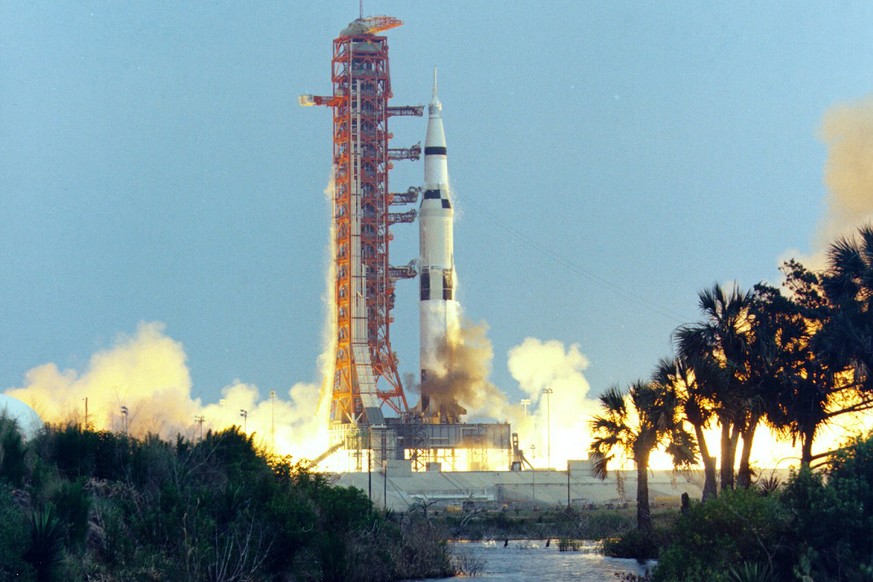 In this April 11, 1970 photo made available by NASA, the Saturn V rocket carrying the crew of the Apollo 13 mission to the moon launches from the Kennedy Space Center in Florida. (NASA via AP)