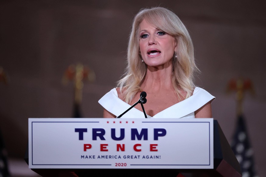 White House Counselor to the President Kellyanne Conway pre-records her address to the Republican National Convention from inside an empty Mellon Auditorium on Wednesday, August 26, 2020 in Washington ...