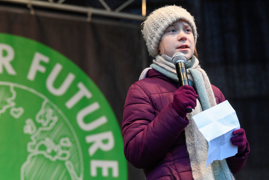 Swedish environmental activist Greta Thunberg speaks during the Fridays for Future protest in Hamburg, Germany February 21, 2020. REUTERS/Fabian Bimmer