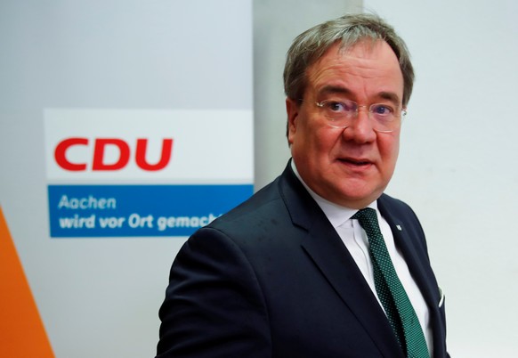 Armin Laschet, state premier of Germany&#039;s most populous federal state of North-Rhine Westphalia arrives for a media statement in Aachen, Germany February 10, 2020, after Annegret Kramp-Karrenbaue ...
