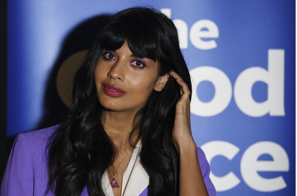 Jameela Jamil, a cast member in the television series &quot;The Good Place,&quot; poses at an Emmy For Your Consideration event for the show at the Upright Citizen Brigade Theatre, Monday, June 17, 20 ...