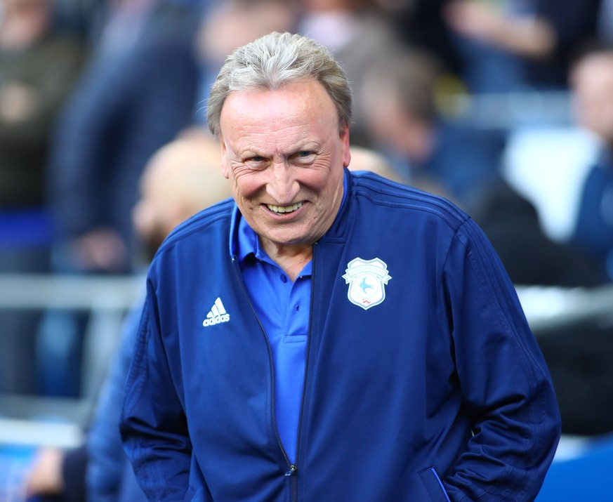 4th May 2019, Cardiff City Stadium, Cardiff, Wales; EPL Premier League football, Cardiff City versus Crystal Palace; Neil Warnock, Manager of Cardiff City enjoys a joke before kick off PUBLICATIONxINx ...