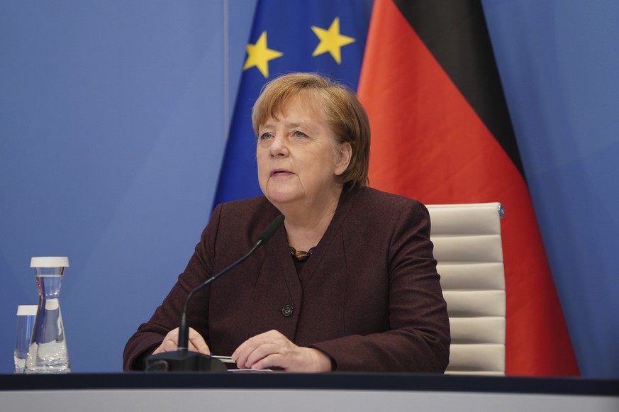 German Chancellor Angela Merkel speaks at the Chancellery in Berlin, Germany, Tuesday, Jan. 26, 2021 during an online conference at the Davos Agenda. The Davos Agenda from Jan. 25 to Jan. 29, 2021 is  ...