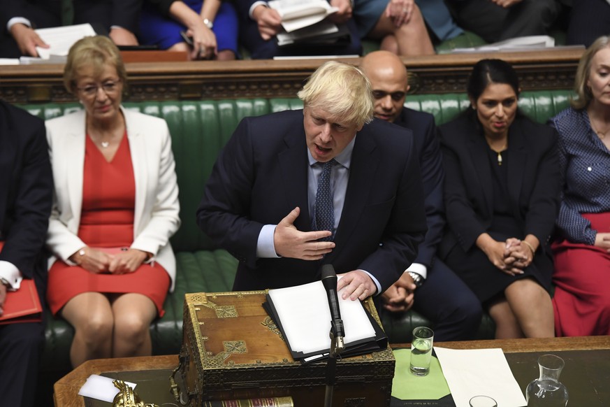 190925 -- LONDON, Sept. 25, 2019 -- British Prime Minister Boris Johnson makes a statement at the House of Commons in London, Britain, on Sept. 25, 2019. British Prime Minister Boris Johnson faced eno ...