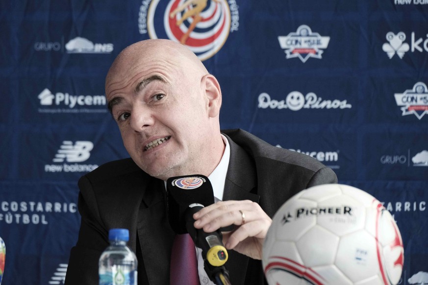 FIFA President Gianni Infantino speaks during a press conference, PK, Pressekonferenz in San Jose, Costa Rica, 19 November 2019. Infantino said that Costa Rica and Panama are close as candidates to or ...