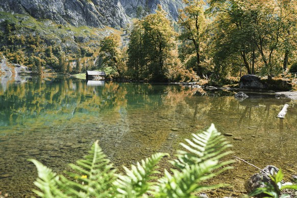 Obersee lake in the Autumn season of Berchtesgaden National Park, German state of Bavaria, near the Austrian border.