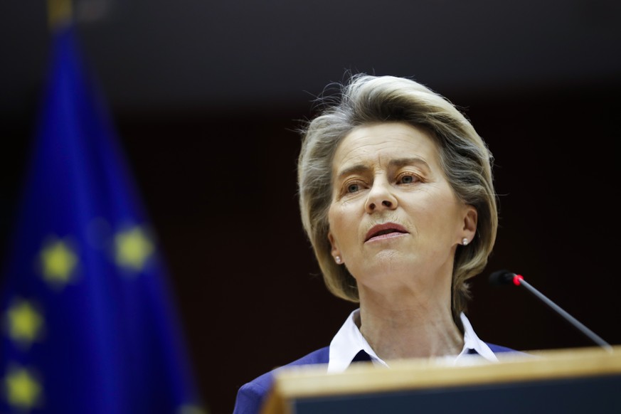 European Commission President Ursula Von Der Leyen addresses European lawmakers during a plenary session on the inauguration of the new President of the United States and the current political situati ...