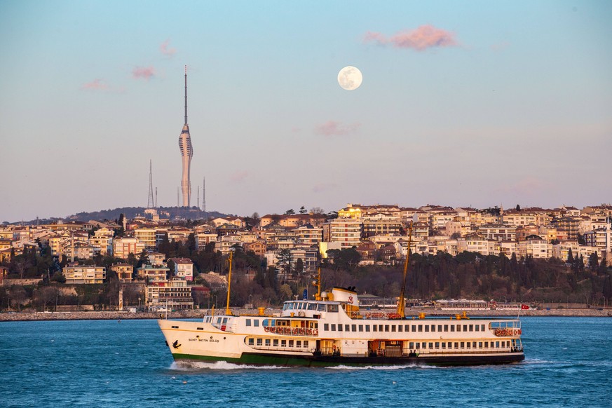 April 7, 2020: Supermoon brightens up Istanbul skies on April 7, 2020. A supermoon is a full moon that almost coincides with the closest distance that the Moon reaches to Earth in its elliptic orbit,  ...