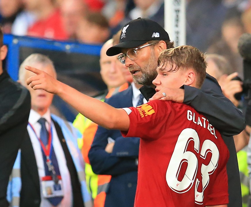 11th July 2019 Prenton Park, Tranmere, England Pre-season friendly football, Tranmere versus Liverpool Paul Glatzel of Liverpool is consoled by manager Jurgen Klopp after sustaining an injury during h ...