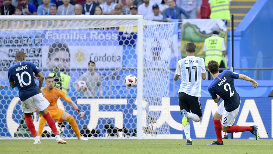 Football: France vs Argentina at World Cup Benjamin Pavard (2) of France scores his team s second goal during the second half of a World Cup round-of-16 match against Argentina in Kazan, Russia, on Ju ...